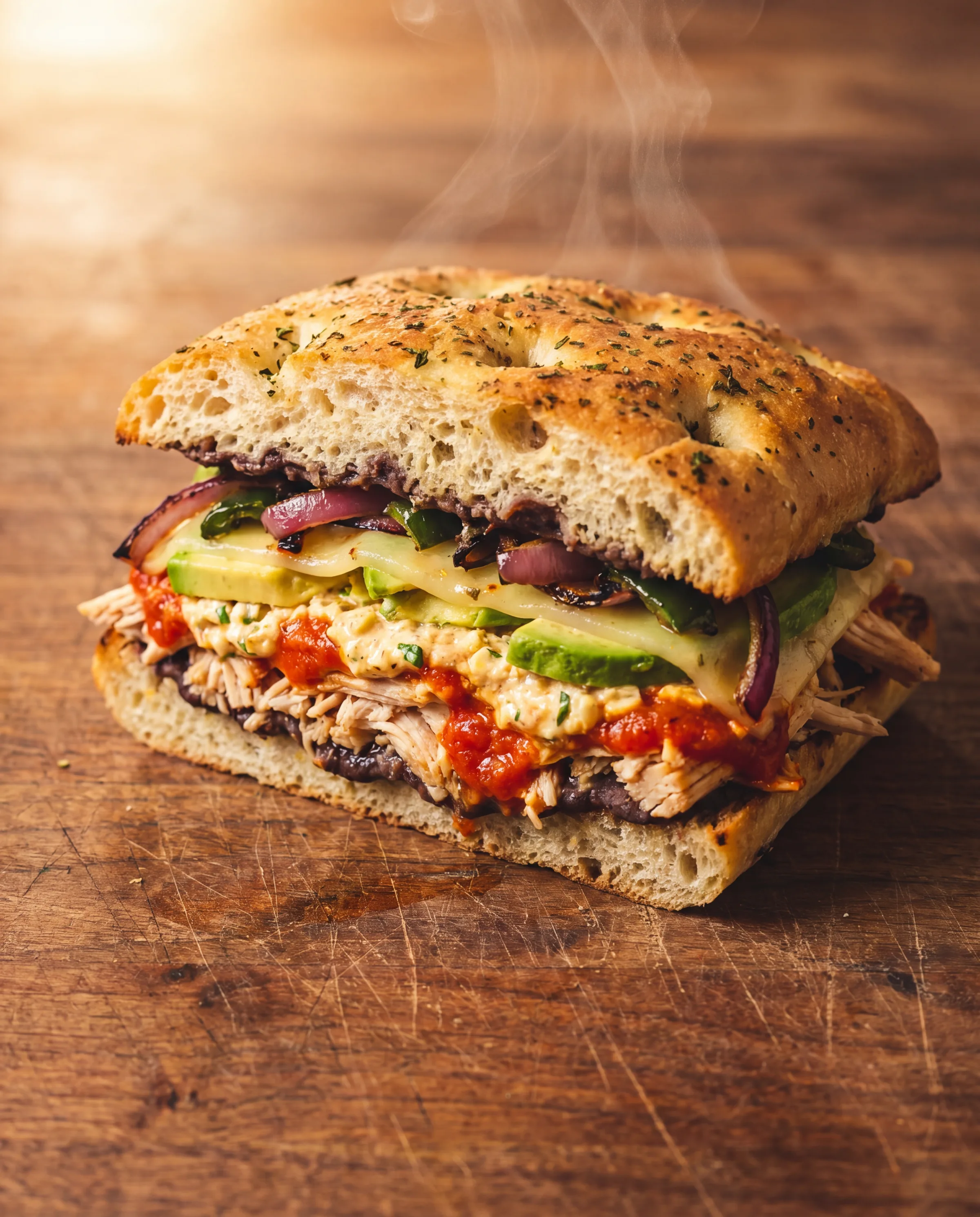Panini-pressed Ciabatta with southwest chicken, avocado, street corn, and pepper jack